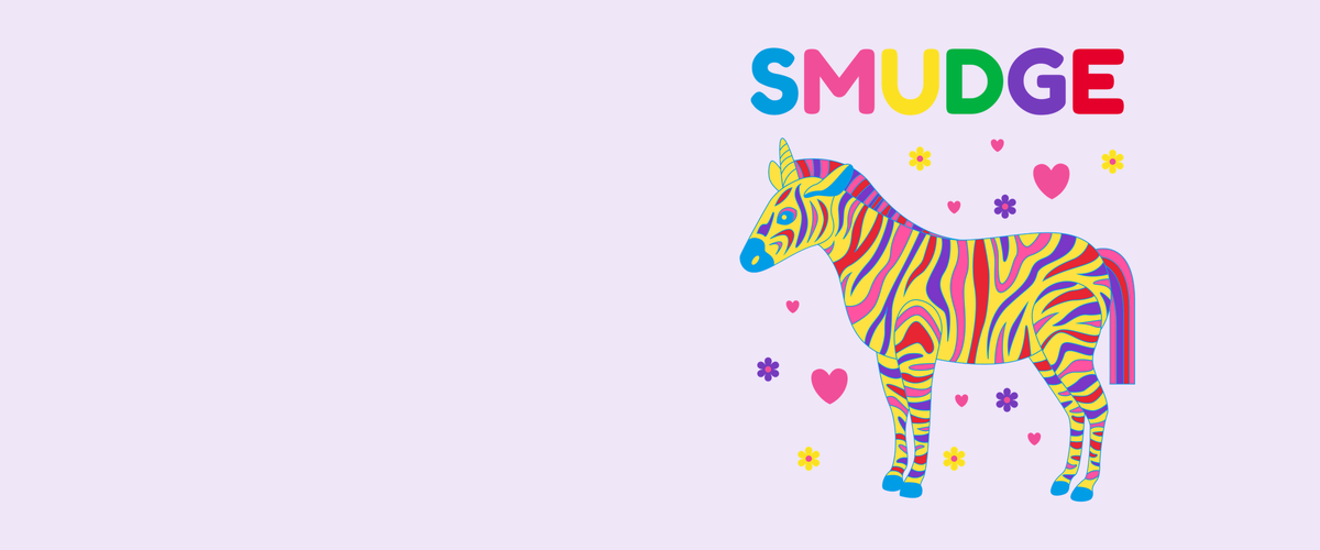 SMUDGE Zebra Collection: the rainbow SMUDGE zebra on a soft lilac background