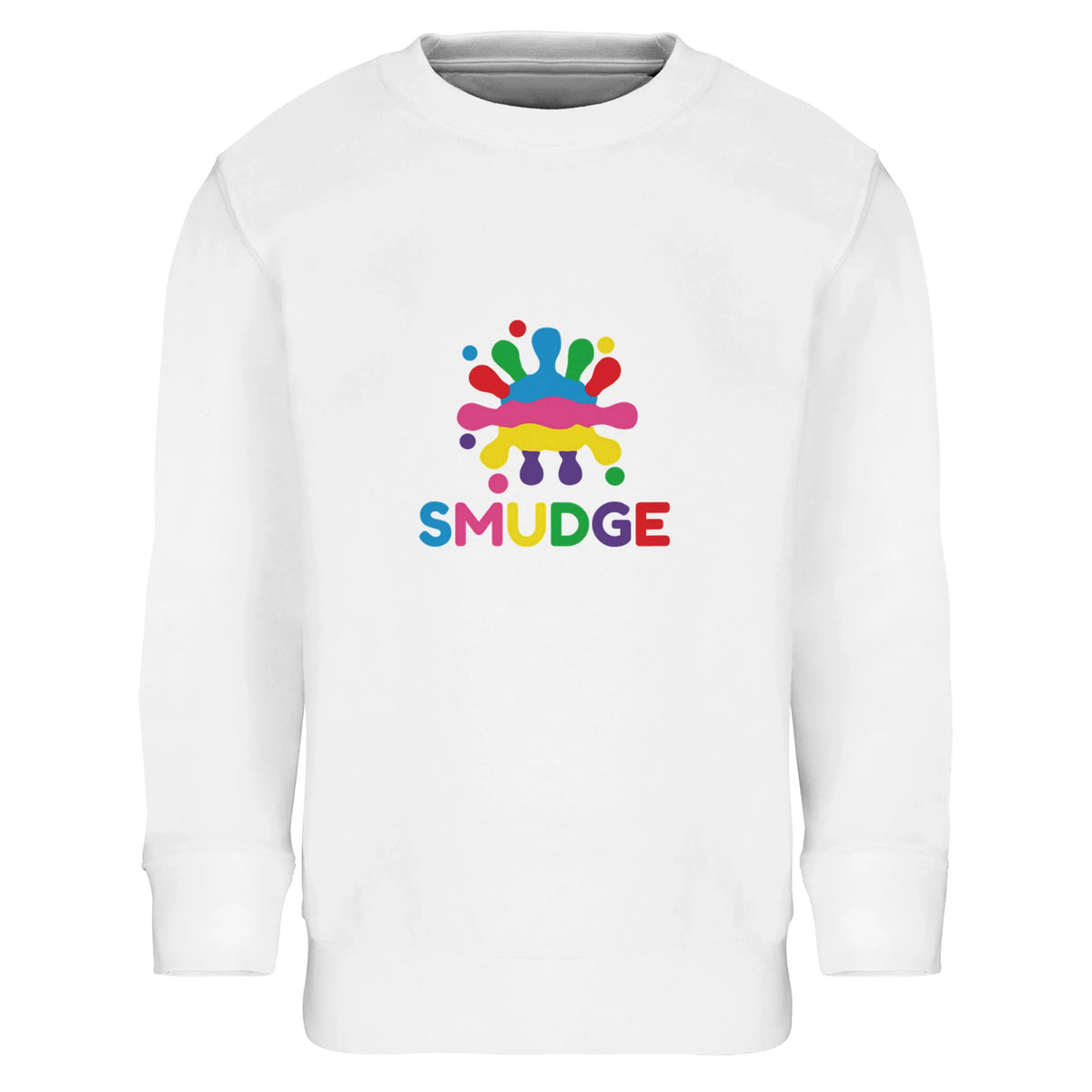 White kids' sweatshirt with SMUDGE splash logo on the chest