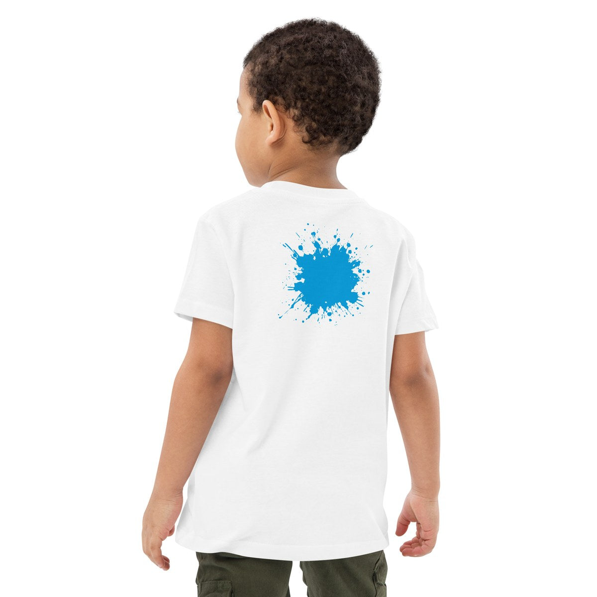 Child wearing the Big Cyan Splash organic kids' T-shirt, back view