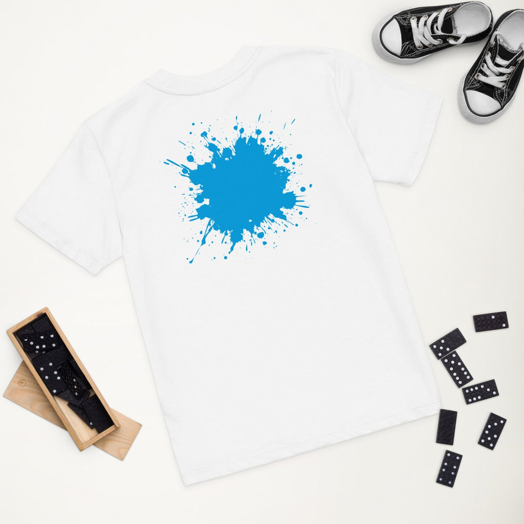 White organic kids' T-shirt with the Big Cyan Splash design, styled flat lay