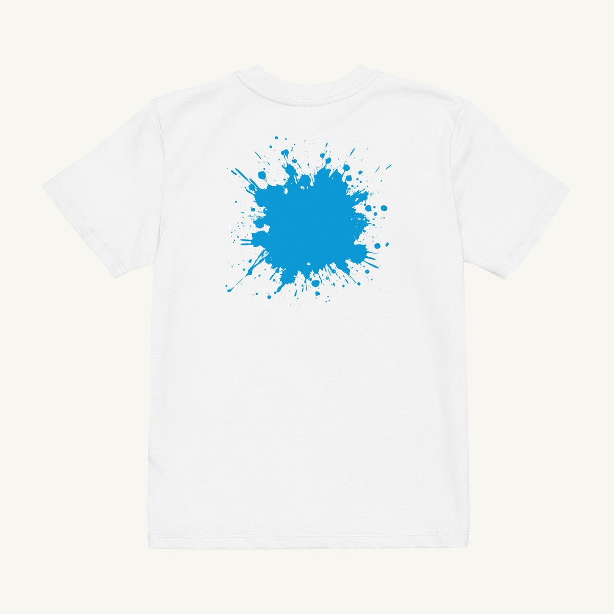 White organic kids' T-shirt with the Big Cyan Splash design, back view