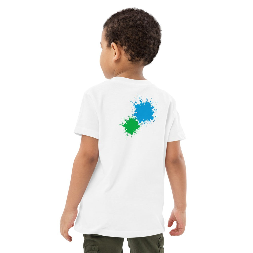 Child wearing the Cyan & Green Back Pair organic kids' T-shirt, back view