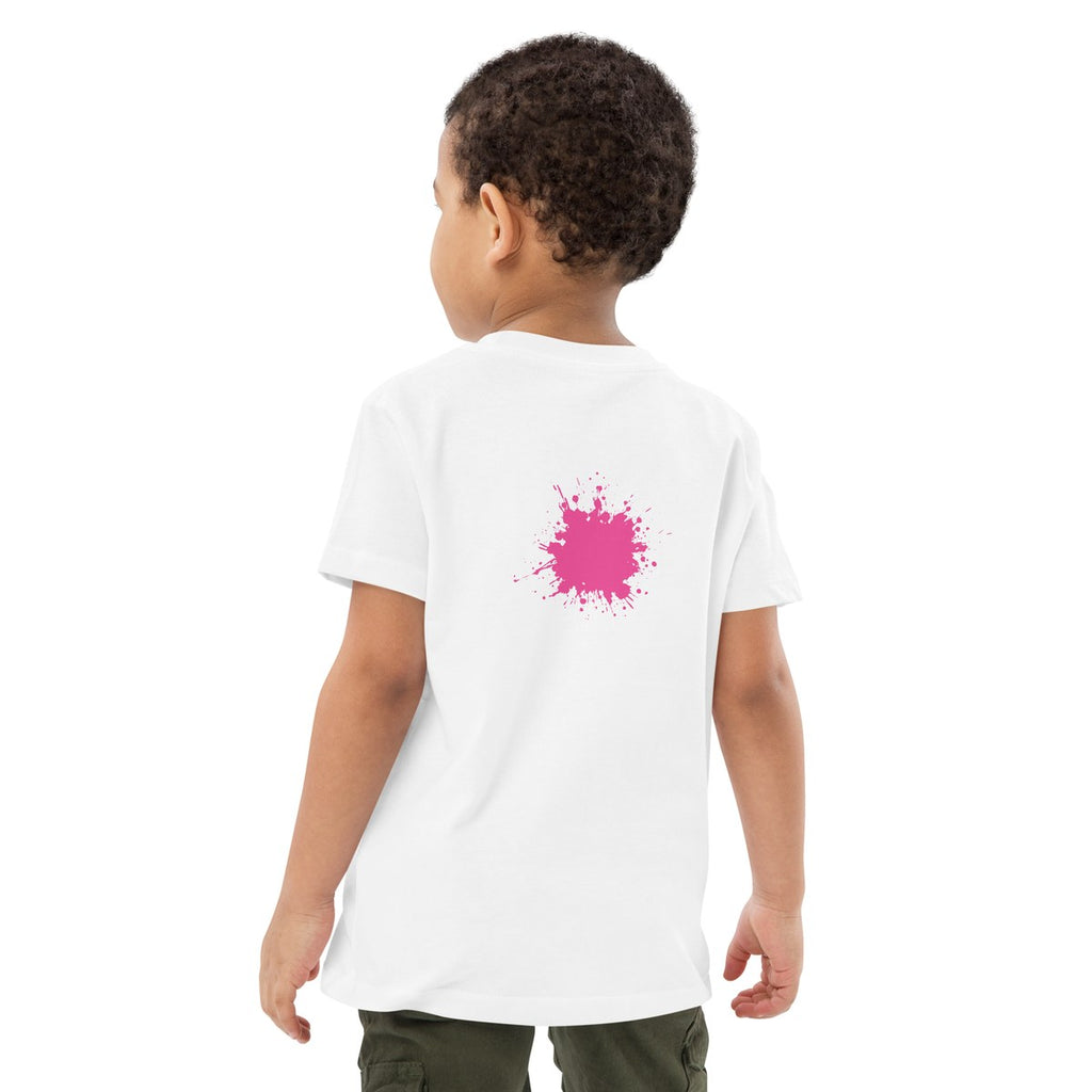 Child wearing the Low Pink Splash organic kids' T-shirt, back view
