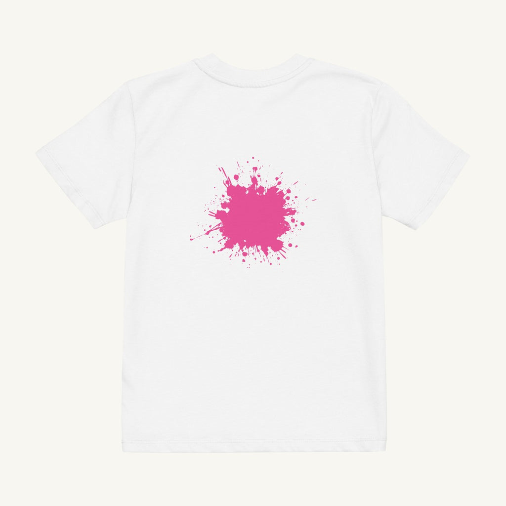 White organic kids' T-shirt with the Low Pink Splash design, back view