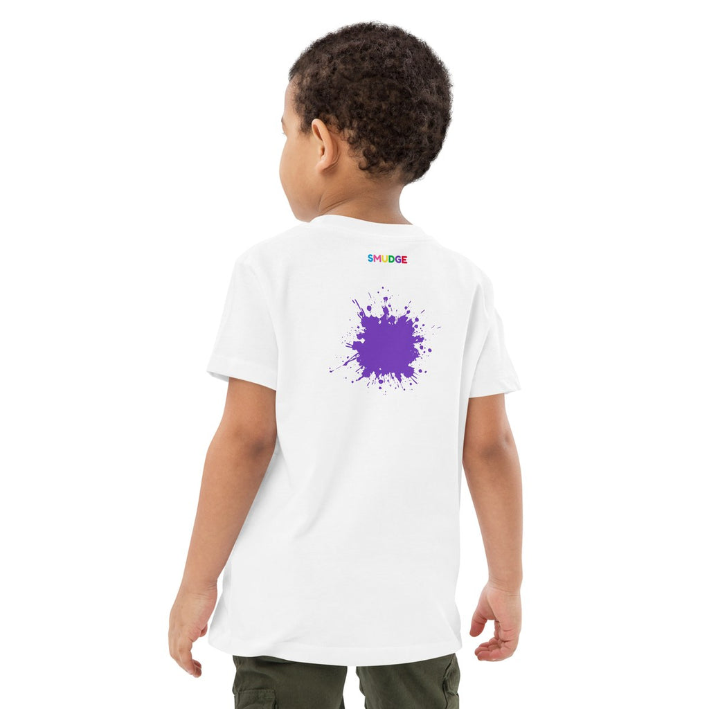Child wearing the Purple Splash & Back Neck Logo organic kids' T-shirt, back view