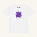 White organic kids' T-shirt with the Purple Splash & Back Neck Logo design, back view