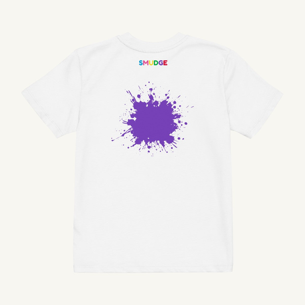White organic kids' T-shirt with the Purple Splash & Back Neck Logo design, back view
