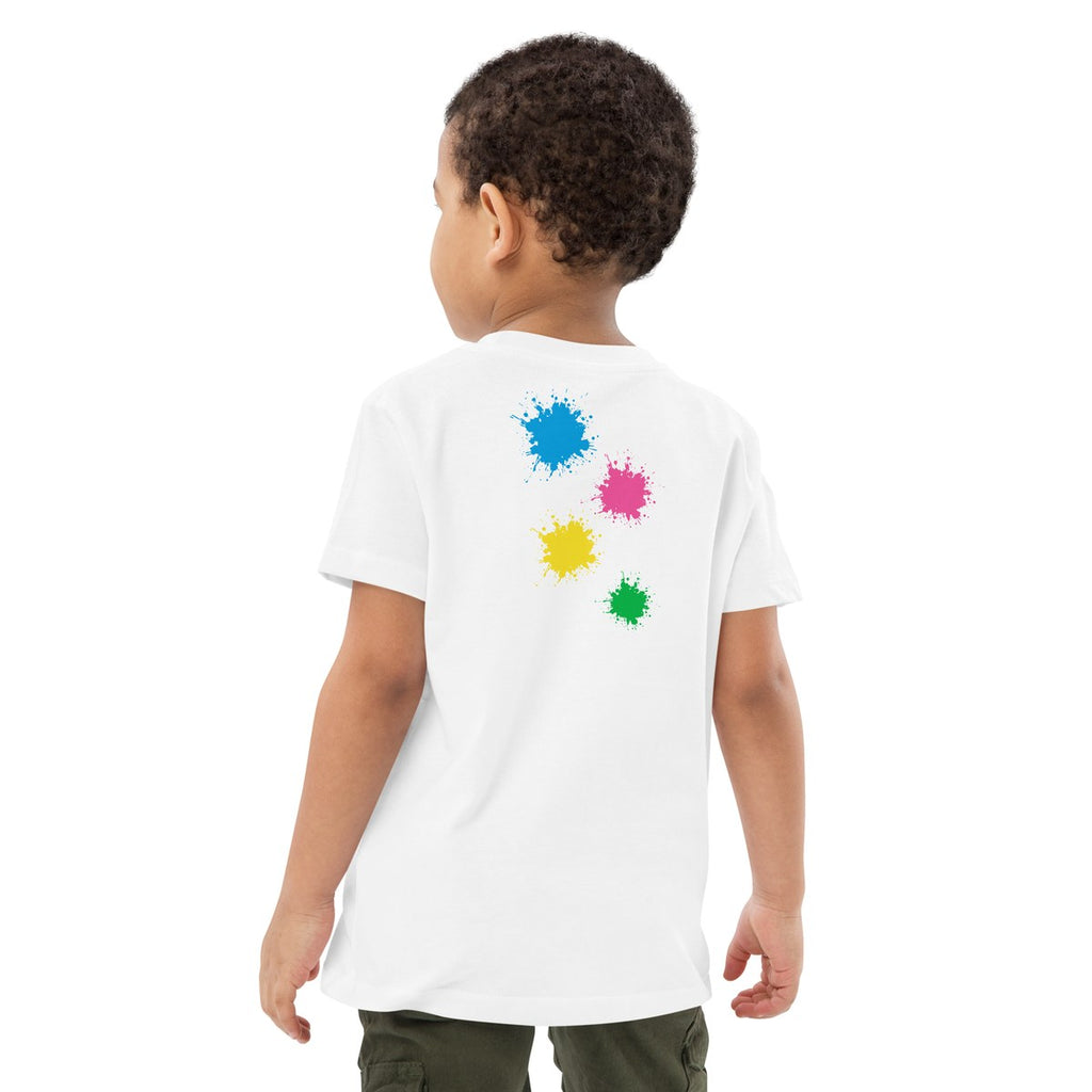 Child wearing the Splash Cascade organic kids' T-shirt, back view