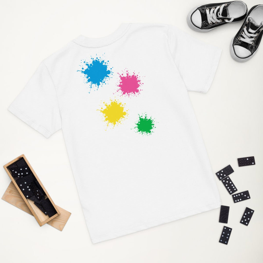 White organic kids' T-shirt with the Splash Cascade design, styled flat lay