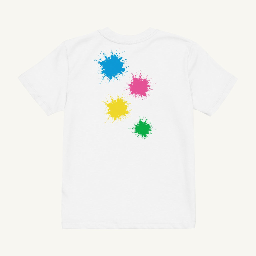 White organic kids' T-shirt with the Splash Cascade design, back view