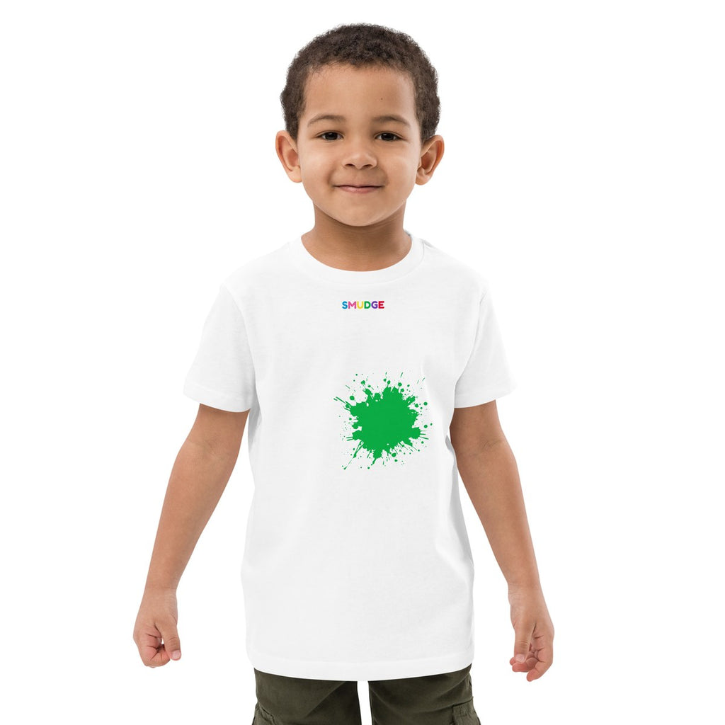 Child wearing the Green Hem Splash organic kids' T-shirt, front view
