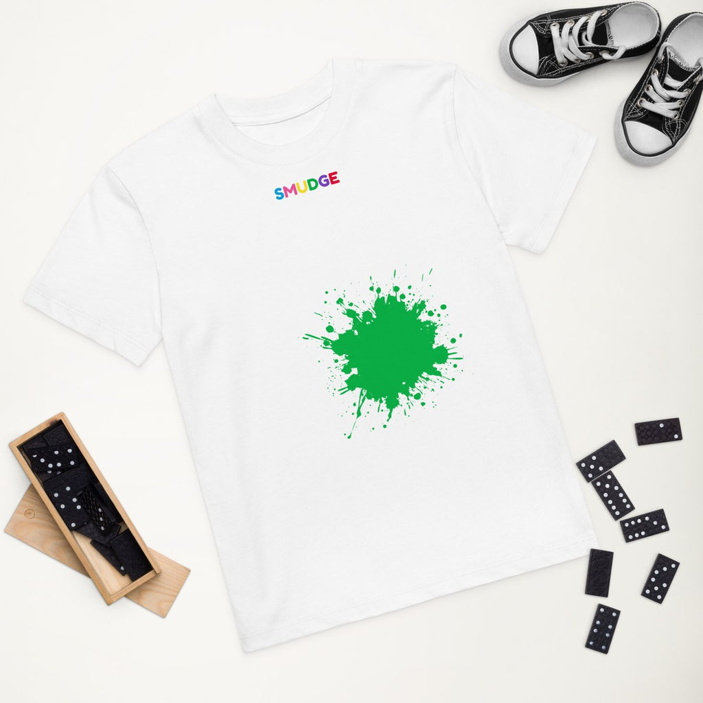 White organic kids' T-shirt with the Green Hem Splash design, styled flat lay