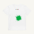 White organic kids' T-shirt with the Green Hem Splash design, front view