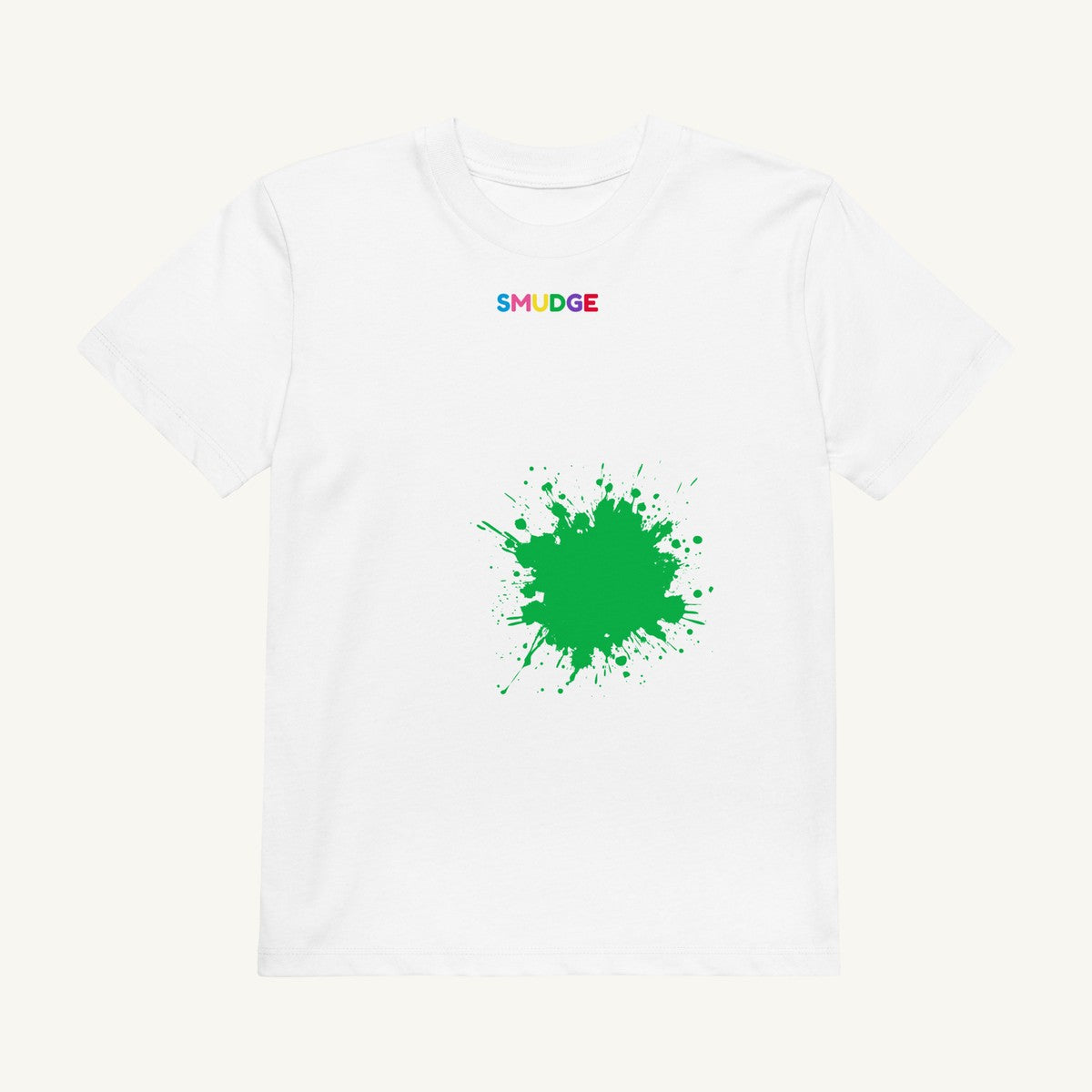 White organic kids' T-shirt with the Green Hem Splash design, front view