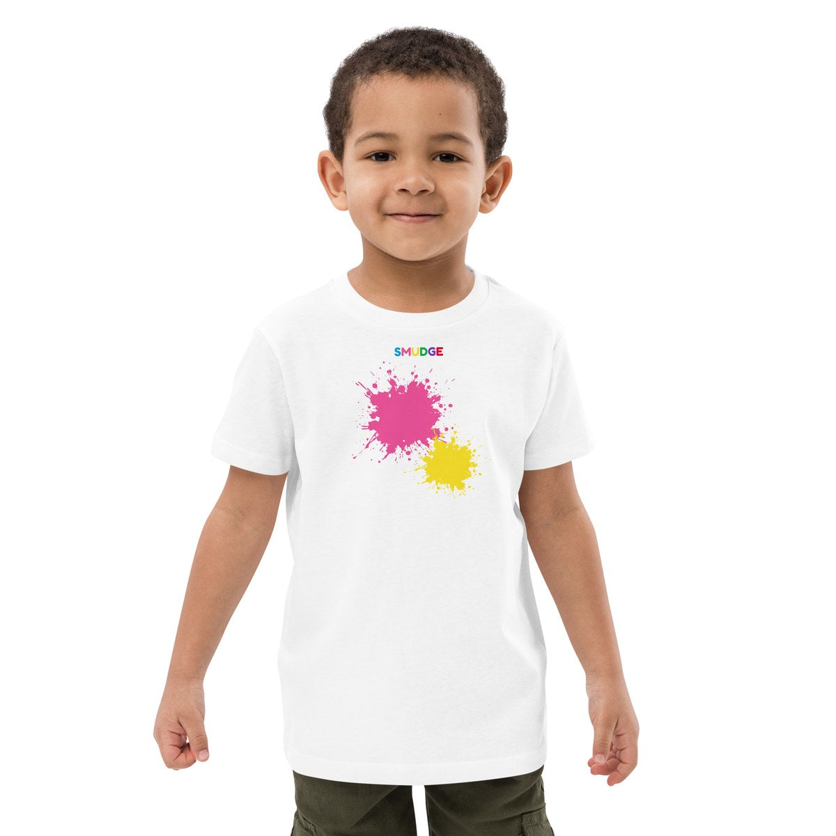 Child wearing the Pink & Yellow Front Pair organic kids' T-shirt, front view