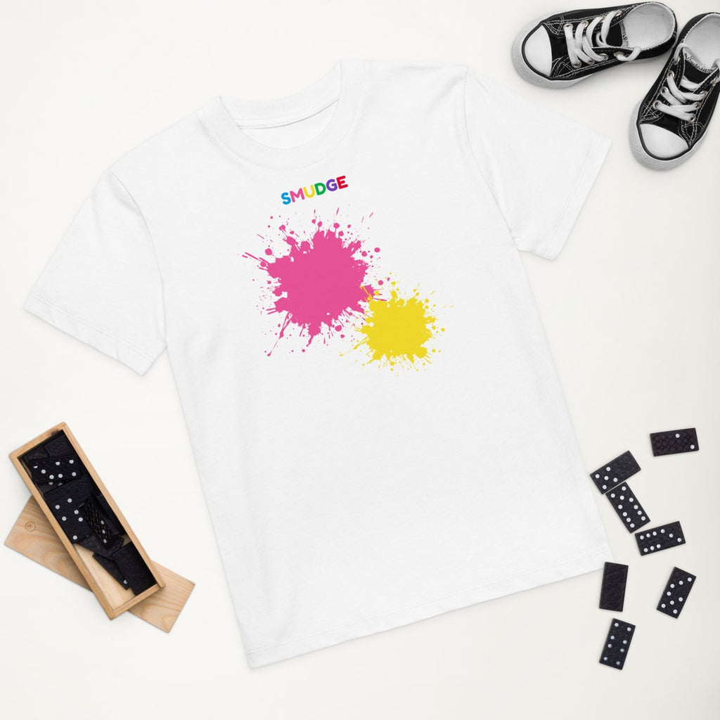 White organic kids' T-shirt with the Pink & Yellow Front Pair design, styled flat lay