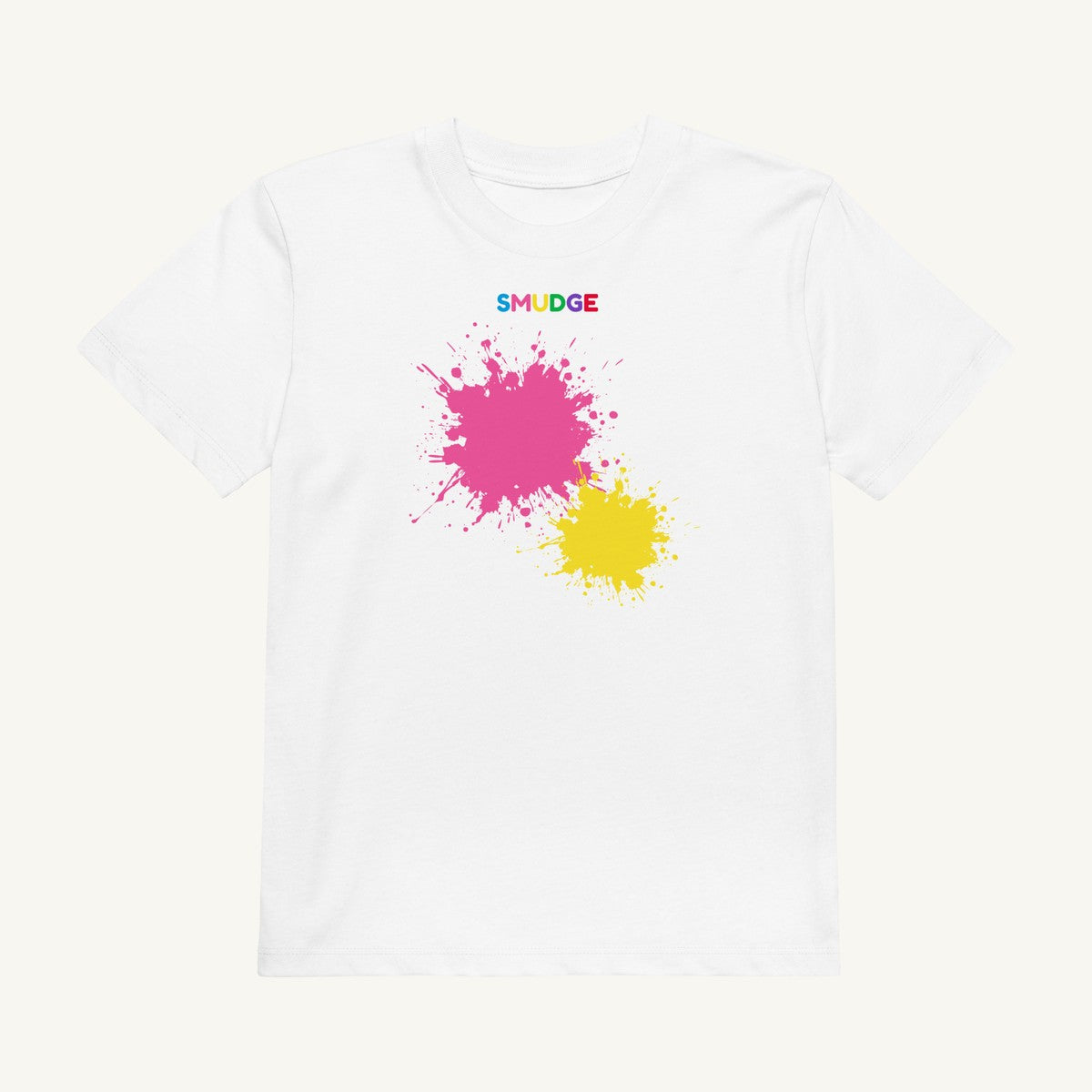 White organic kids' T-shirt with the Pink & Yellow Front Pair design, front view