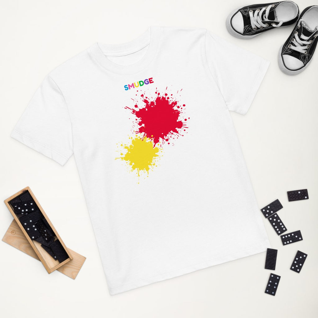 White organic kids' T-shirt with the Red & Yellow Front Pair design, styled flat lay