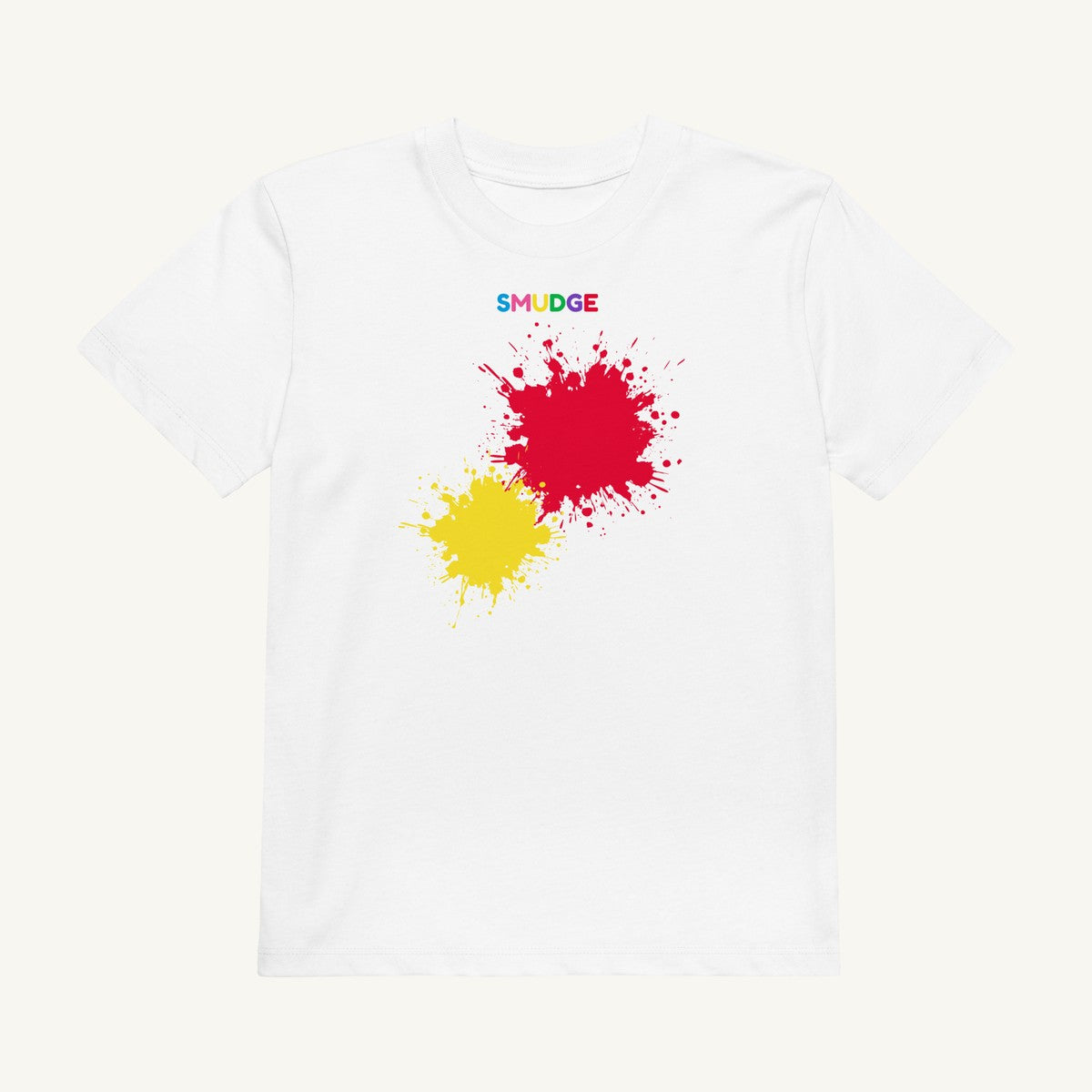 White organic kids' T-shirt with the Red & Yellow Front Pair design, front view