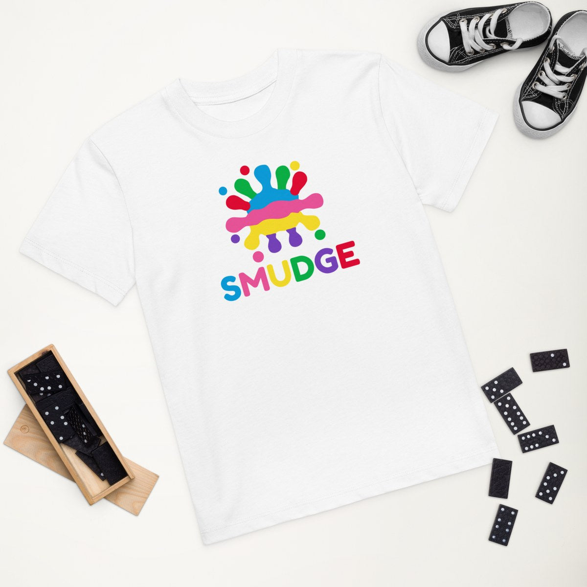 White organic kids' T-shirt with the Logo & Back Neck design, styled flat lay
