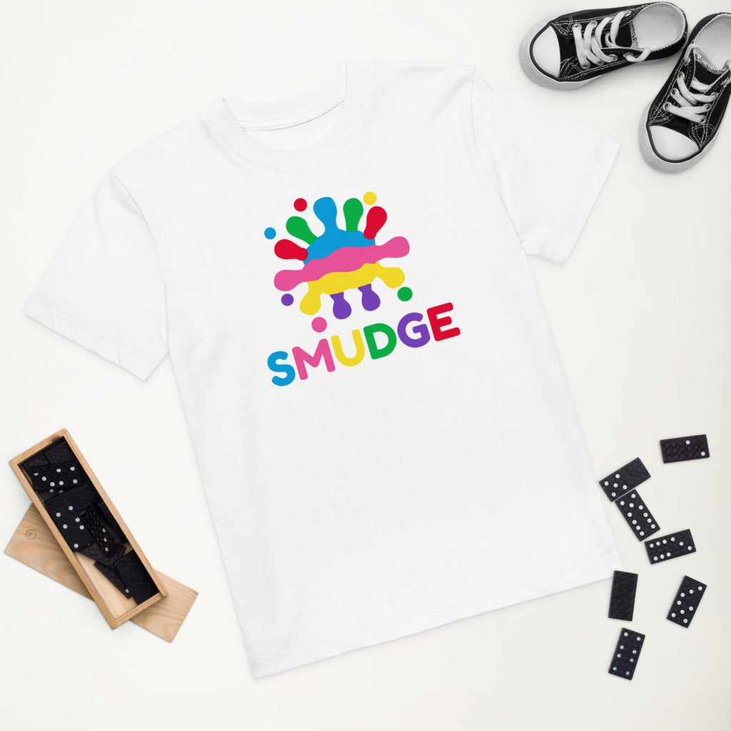 White organic kids' T-shirt with the Chest Lockup design, styled flat lay