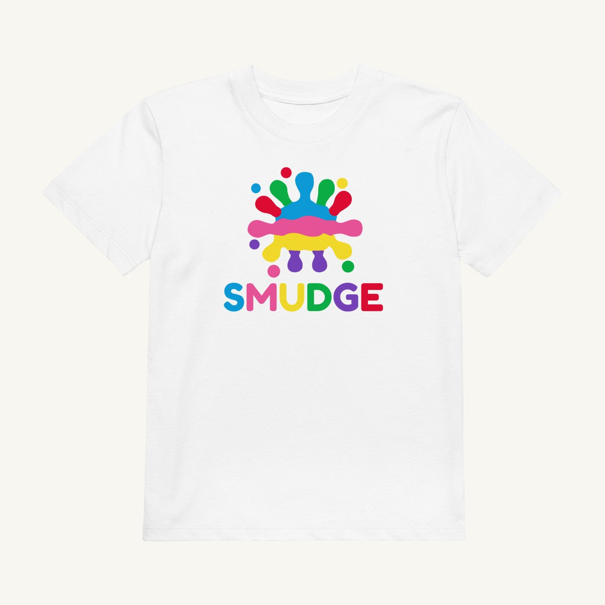 White organic kids' T-shirt with the Chest Lockup design, front view
