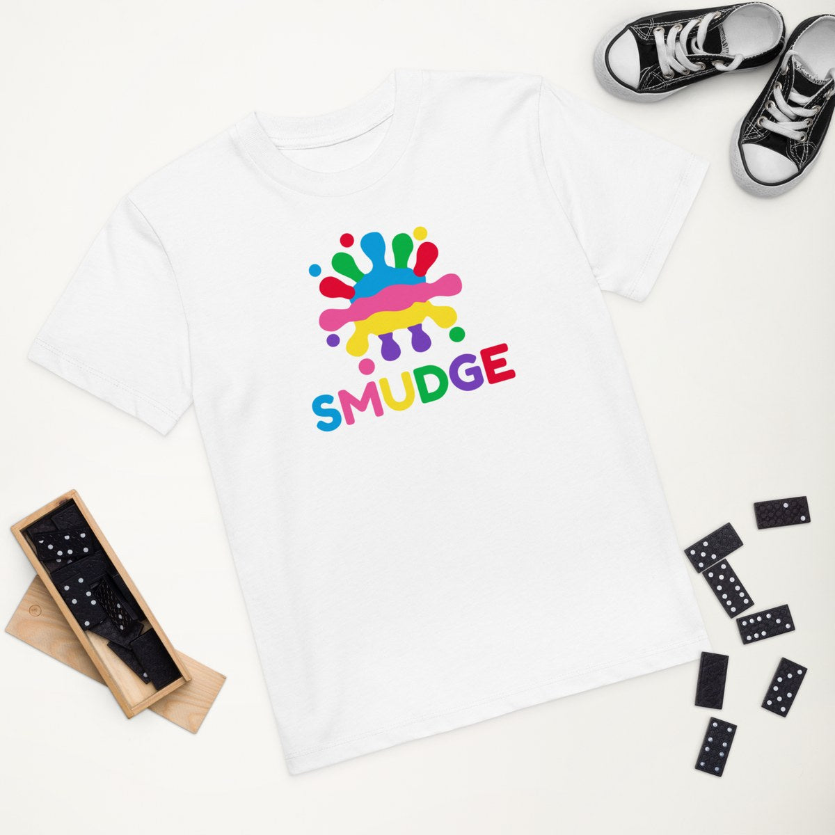 White organic kids' T-shirt with the Big Logo design, styled flat lay