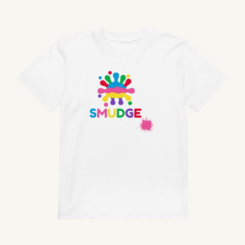 White organic kids' T-shirt with the Logo & Pink Splash design, front view