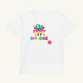 White organic kids' T-shirt with the Logo & Pink Splash design, front view