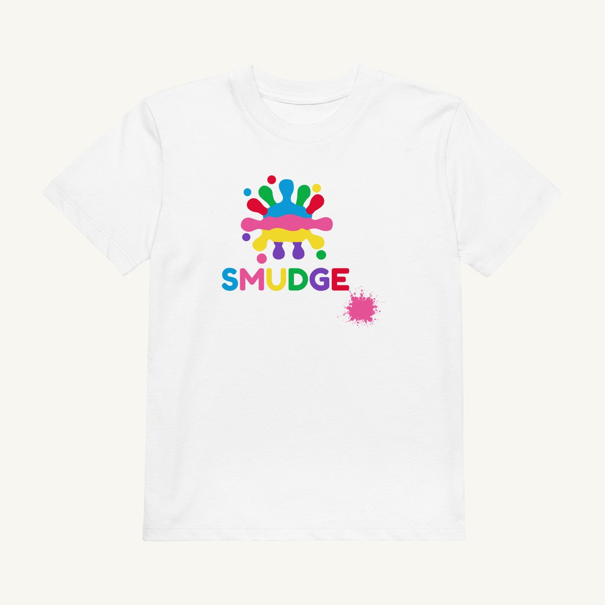White organic kids' T-shirt with the Logo & Pink Splash design, front view