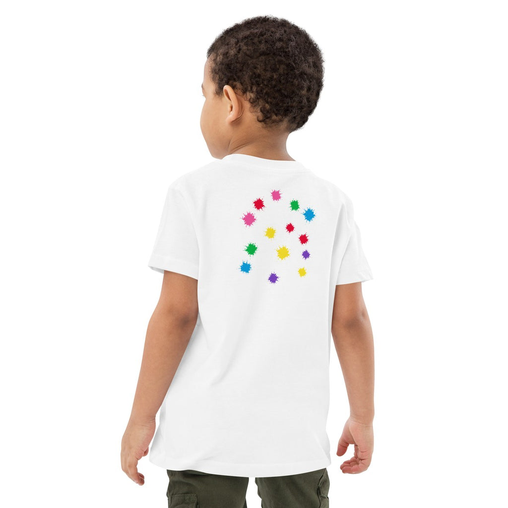 Child wearing the Back Scatter organic kids' T-shirt, back view