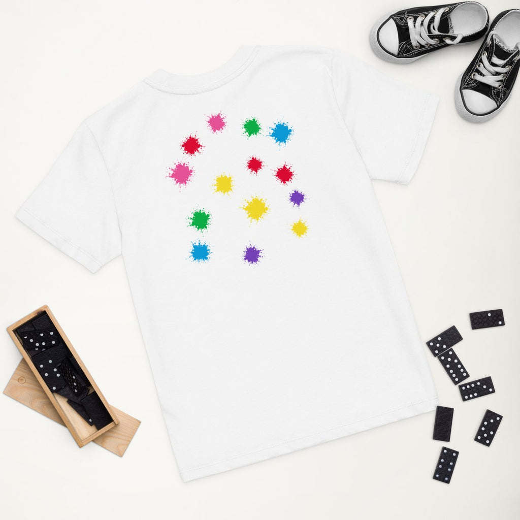 White organic kids' T-shirt with the Back Scatter design, styled flat lay