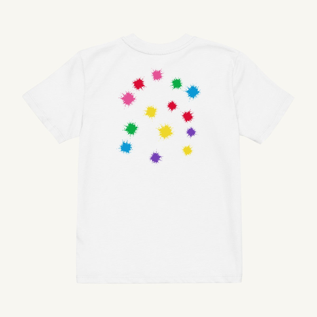 White organic kids' T-shirt with the Back Scatter design, back view