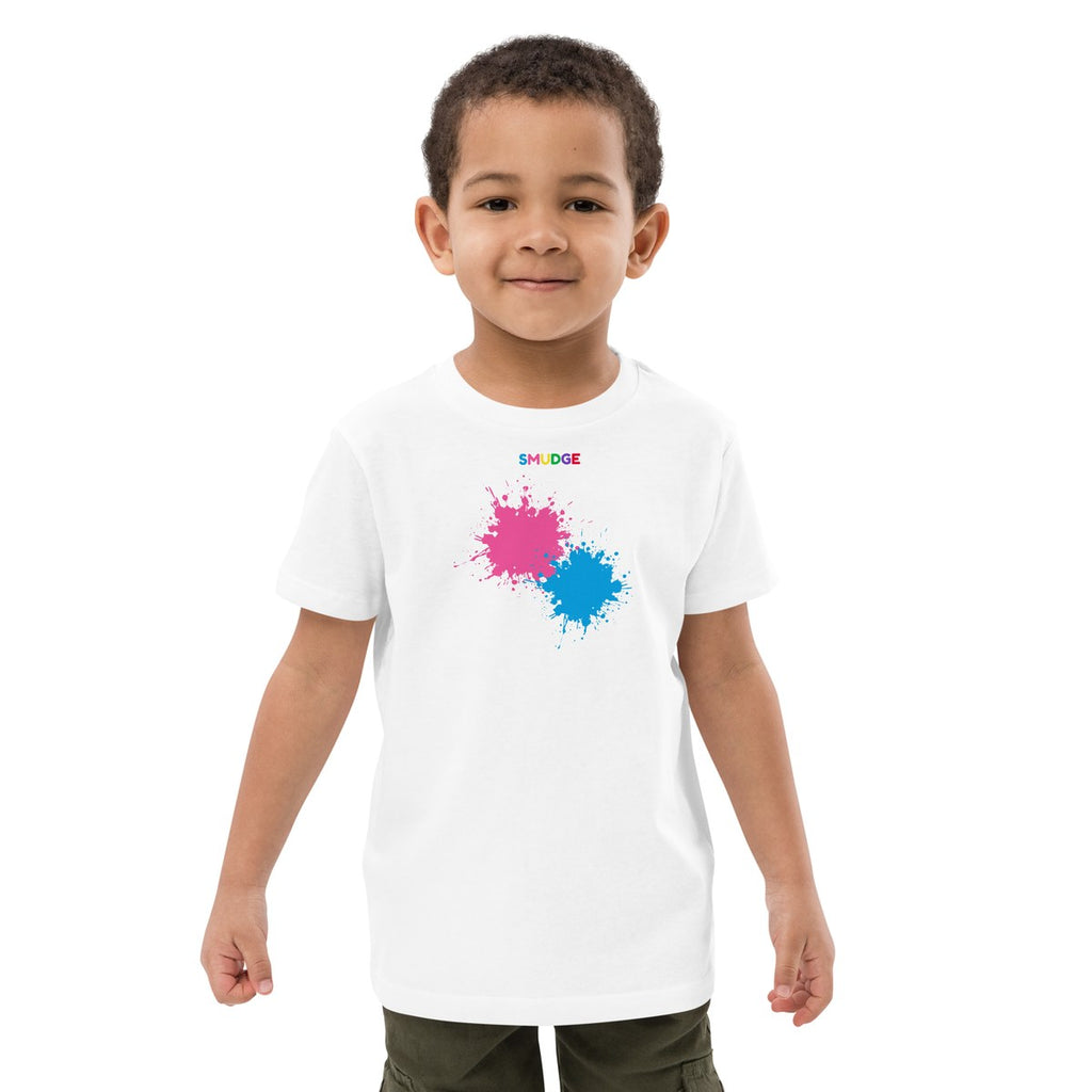 Child wearing the Double Splash organic kids' T-shirt, front view