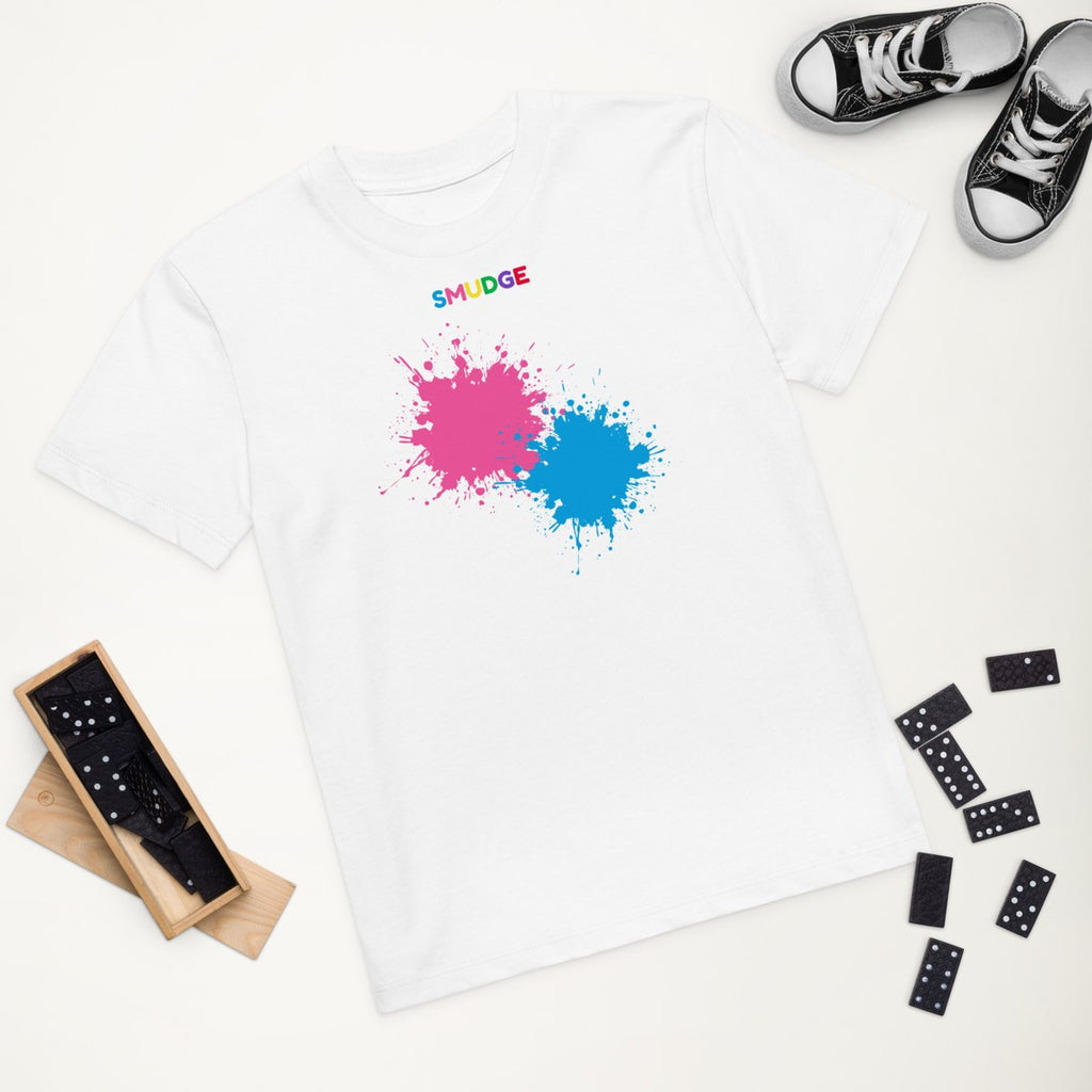 White organic kids' T-shirt with the Double Splash design, styled flat lay