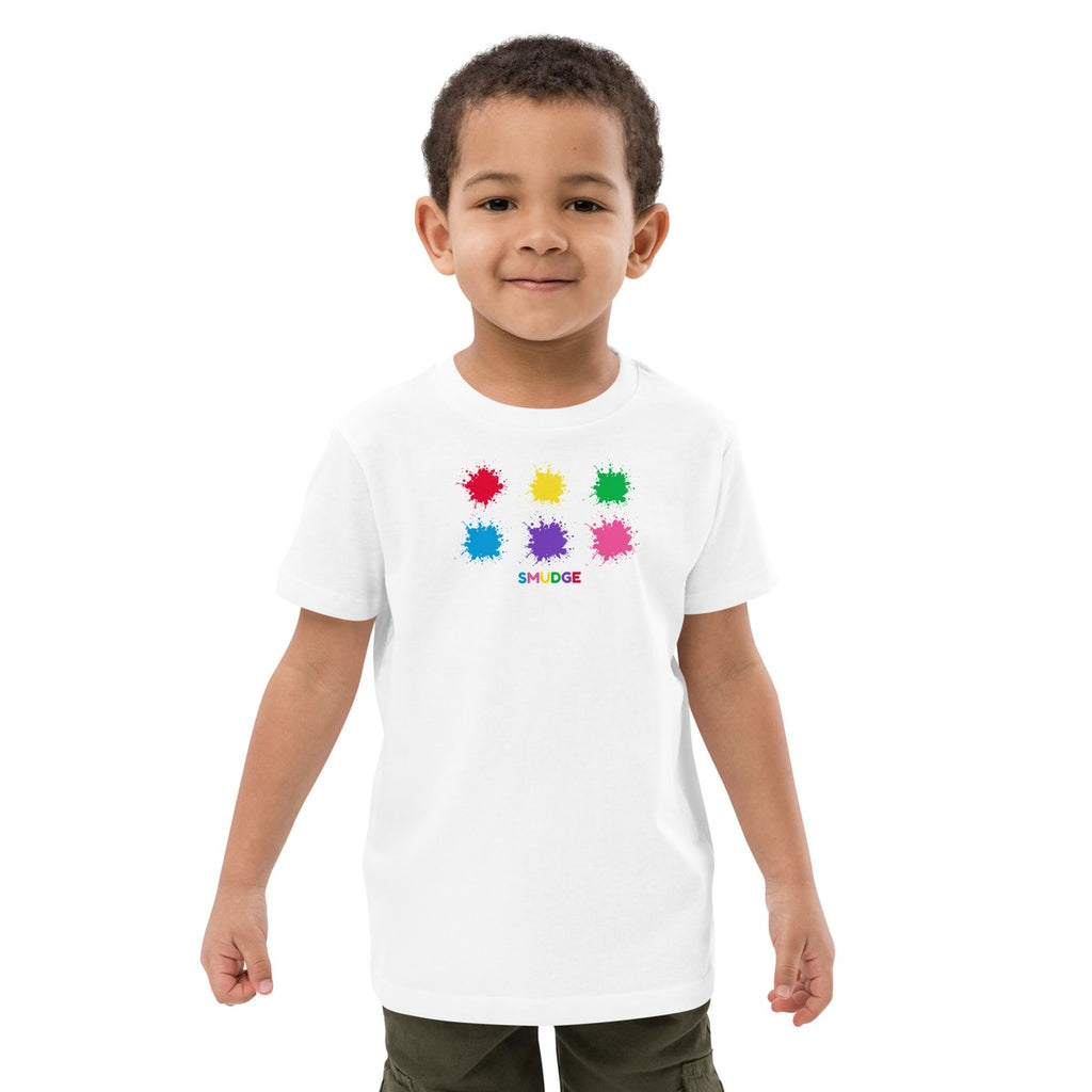 Child wearing the Paint Box Row organic kids' T-shirt, front view