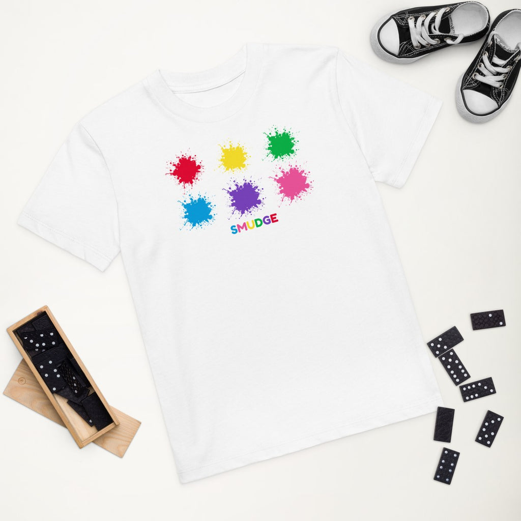 White organic kids' T-shirt with the Paint Box Row design, styled flat lay
