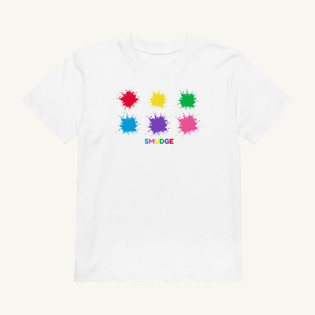 White organic kids' T-shirt with the Paint Box Row design, front view
