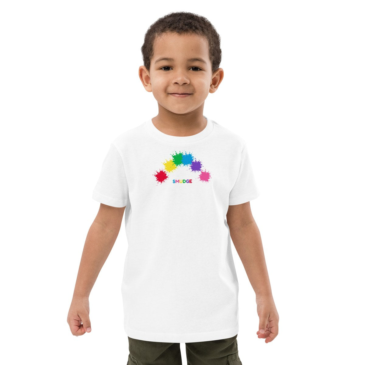 Child wearing the Rainbow Arc organic kids' T-shirt, front view