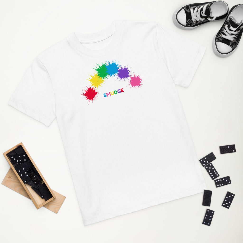 White organic kids' T-shirt with the Rainbow Arc design, styled flat lay