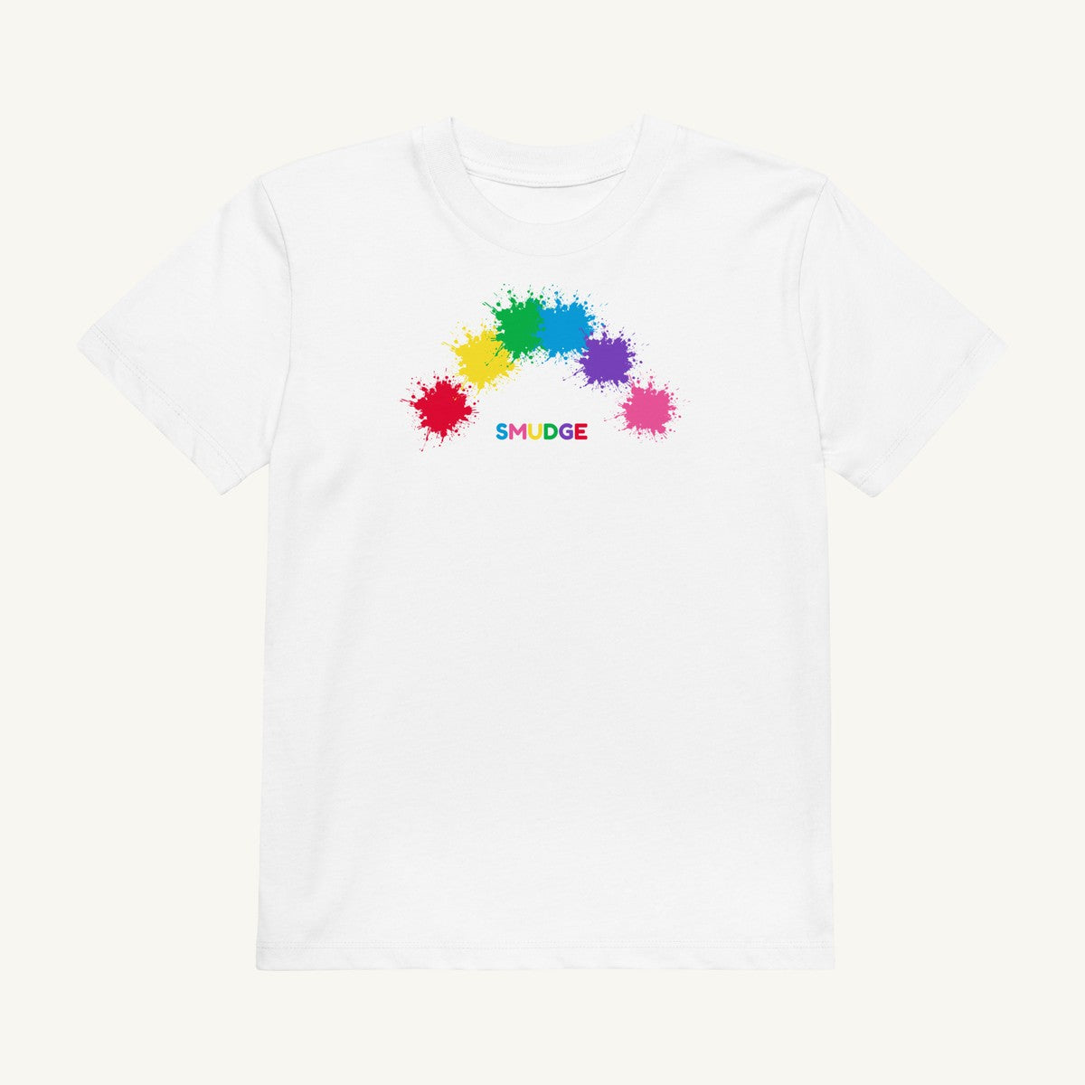 White organic kids' T-shirt with the Rainbow Arc design, front view