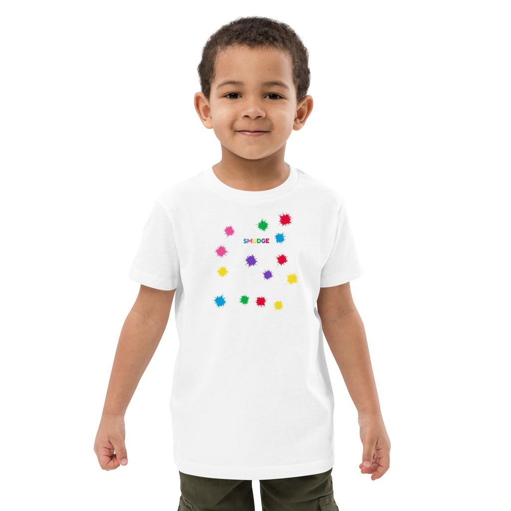 Child wearing the Splash Scatter organic kids' T-shirt, front view
