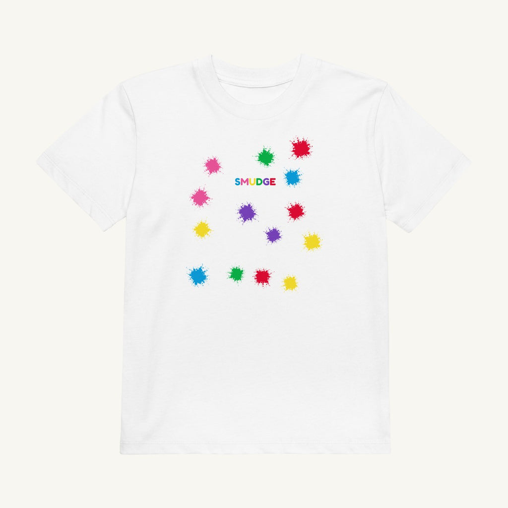 White organic kids' T-shirt with the Splash Scatter design, front view