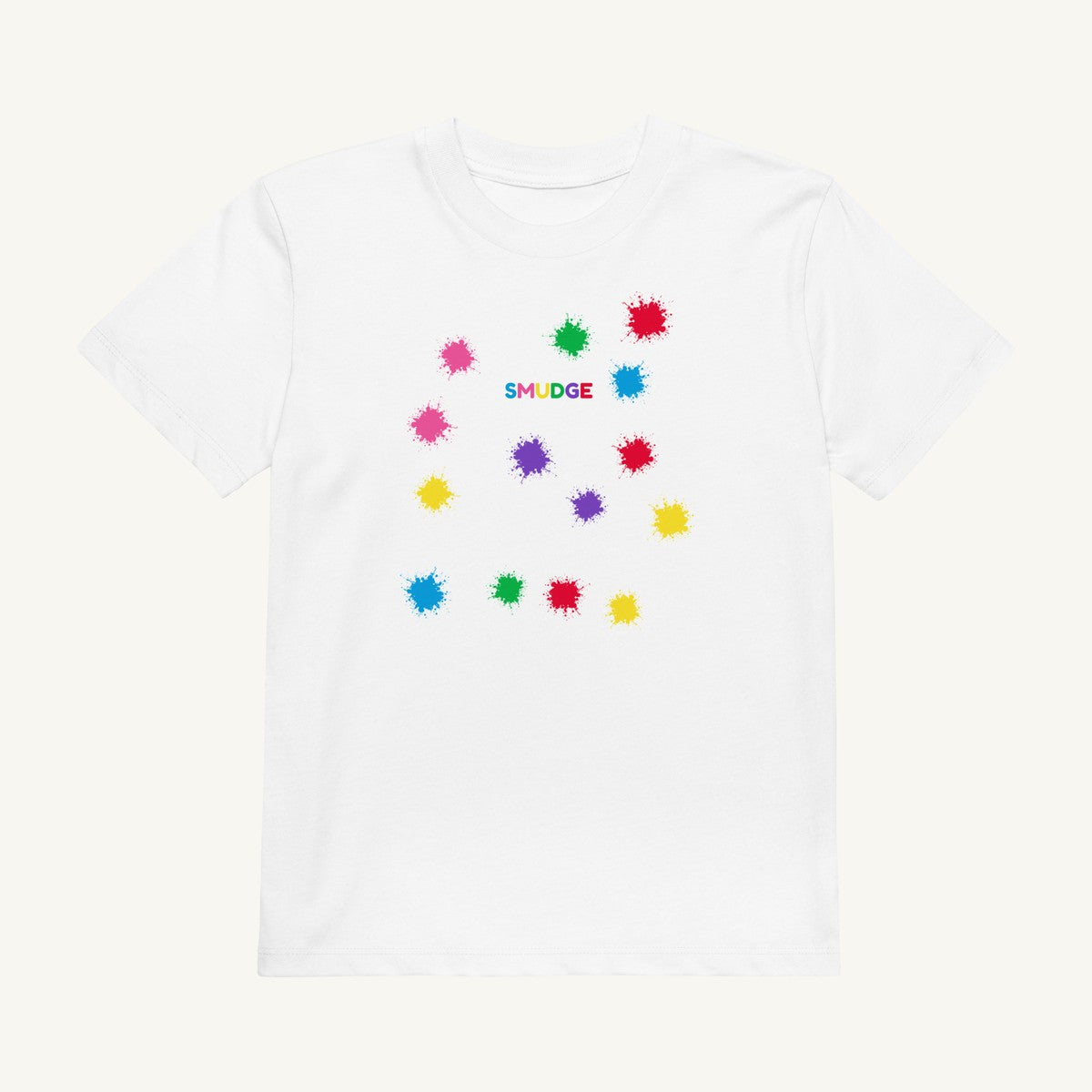 White organic kids' T-shirt with the Splash Scatter design, front view