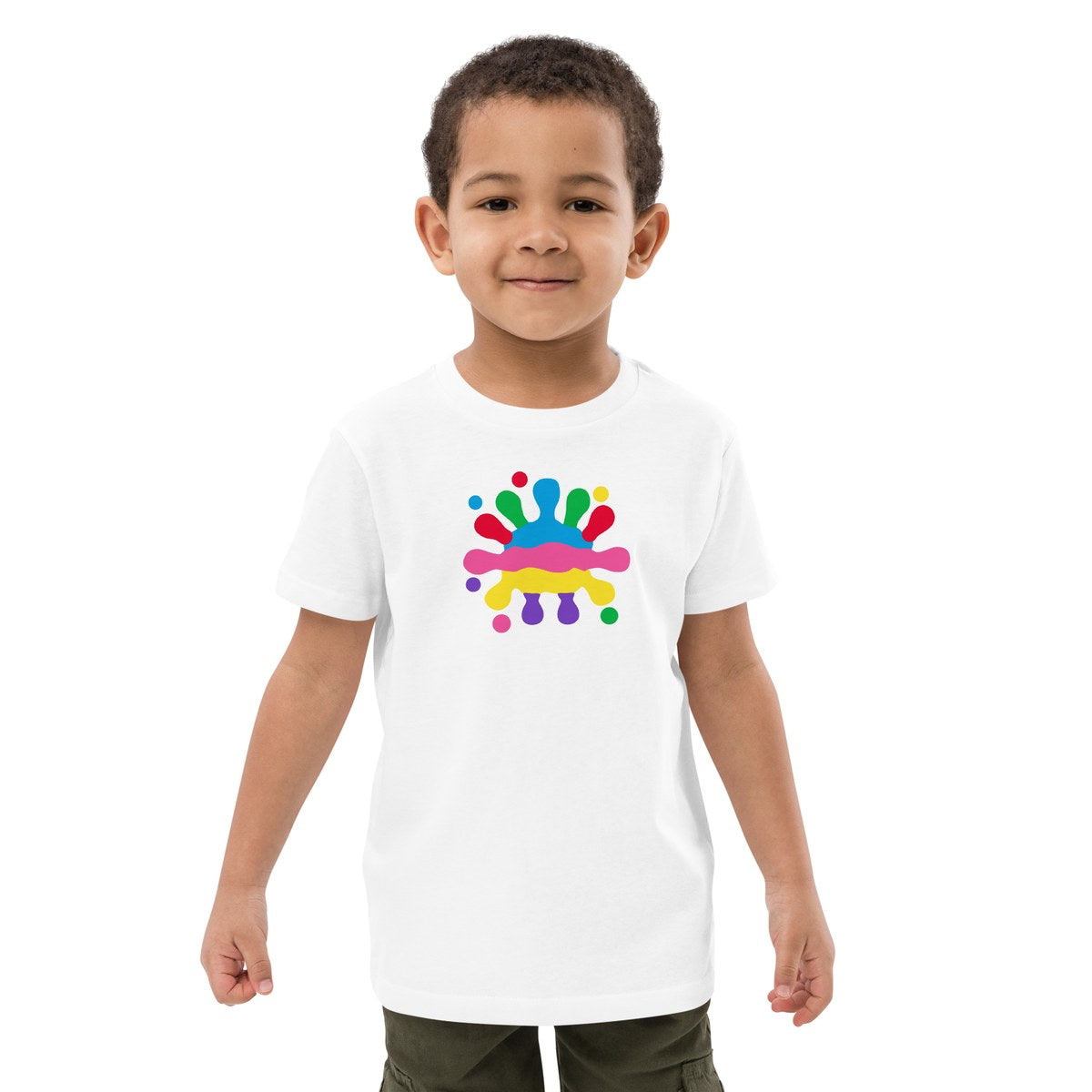 Child wearing the Big Splash Logo organic kids' T-shirt, front view
