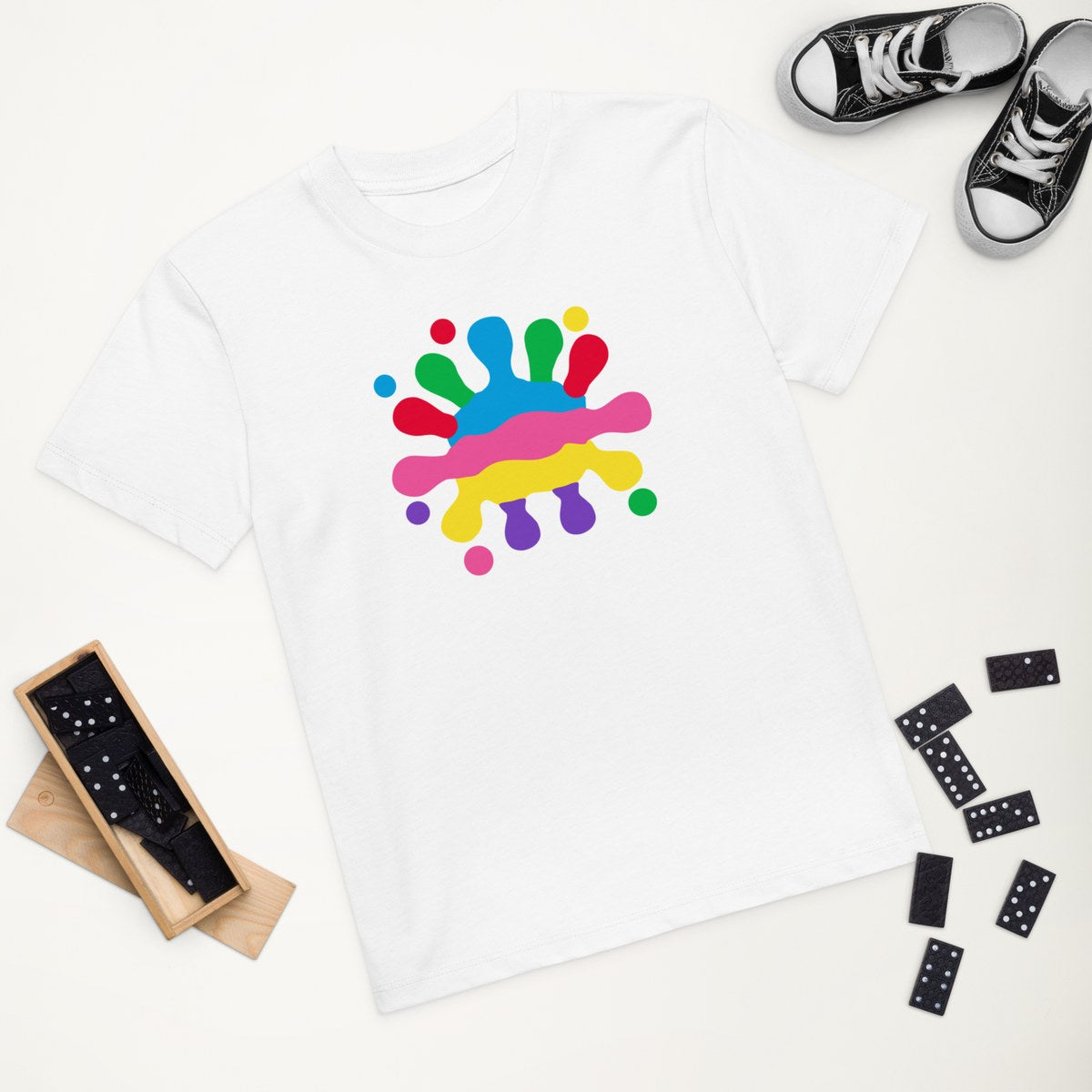 White organic kids' T-shirt with the Big Splash Logo design, styled flat lay