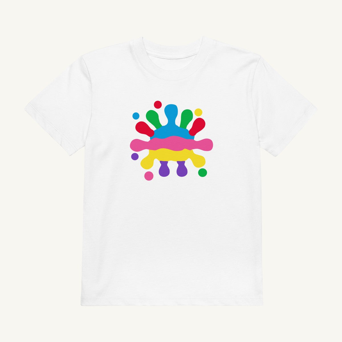 White organic kids' T-shirt with the Big Splash Logo design, front view