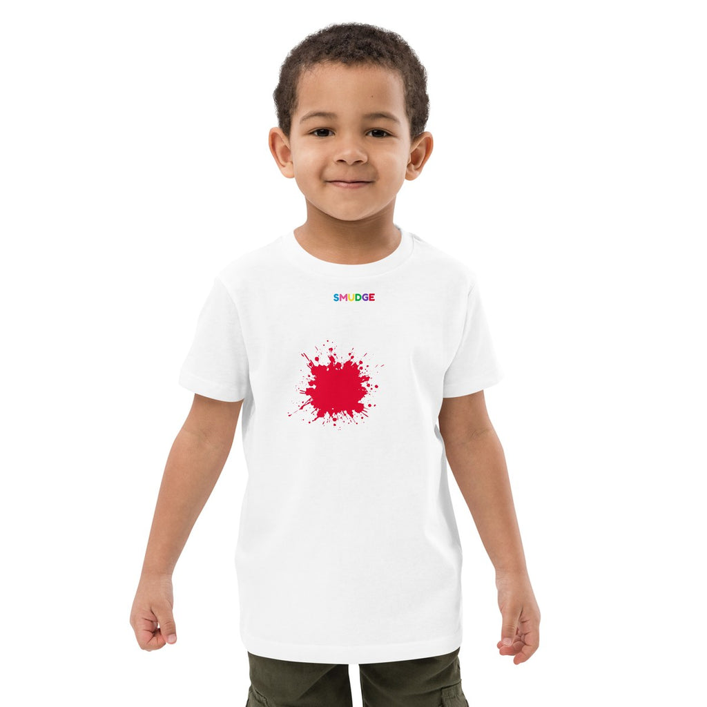 Child wearing the Front & Back Red organic kids' T-shirt, front view
