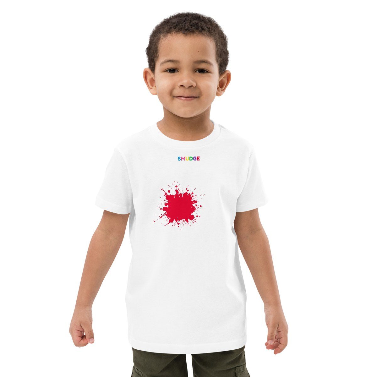 Child wearing the Front & Back Red organic kids' T-shirt, front view