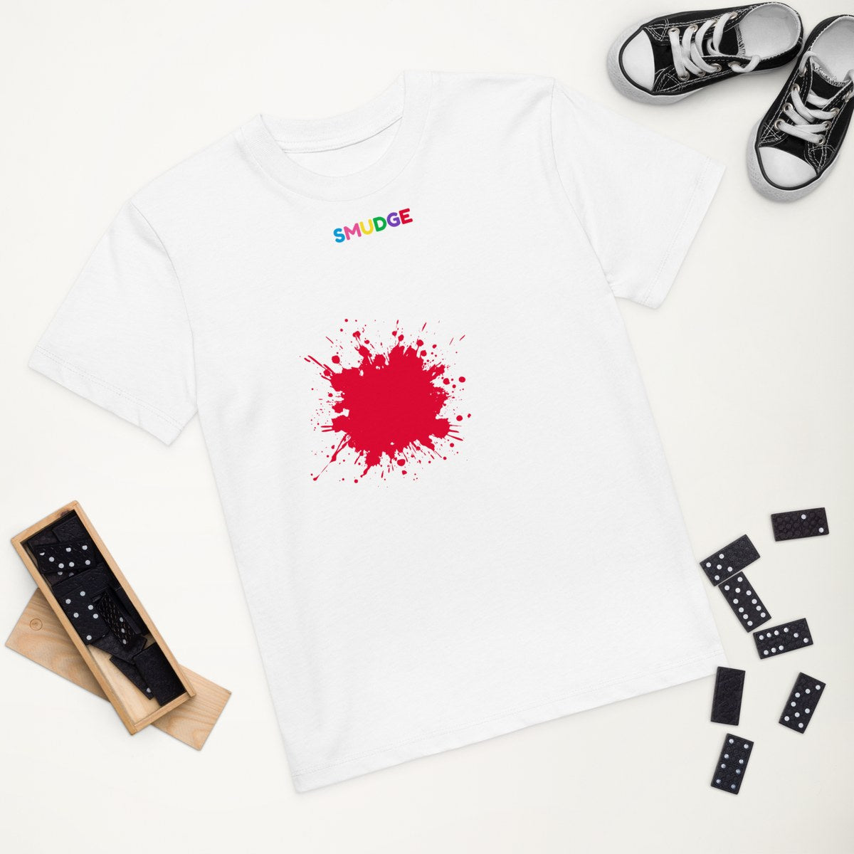 White organic kids' T-shirt with the Front & Back Red design, styled flat lay
